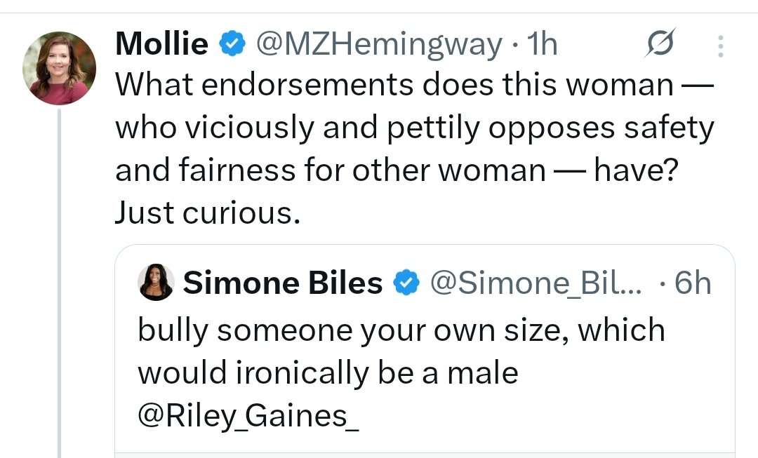 Simone Biles is a spokesmodel for Athleta, a women's athletic clothing brand. We should call them and let them know what we think of their spokesperson attacking female athletes online. 
Customer service # 1-877-328-4538
<a href="/MZHemingway/">Mollie</a> (I had to screenshot to fit her statement, so