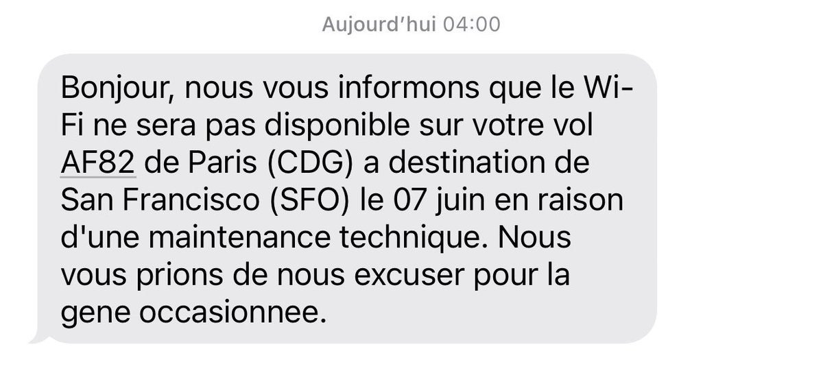 Ça commence bien… pas de wifi sur mon vol pour San Francisco… qui dure 11h30 🙃
—— 
Great, no WiFi on my flight to San Francisco… which last for 11h and 30 minutes… 😩