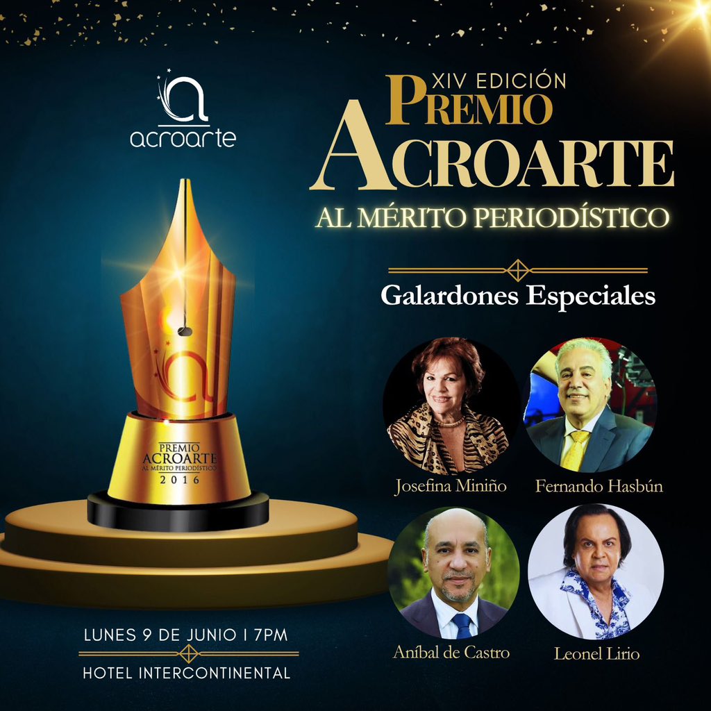 Premio Acroarte al Mérito Periodístico 2025!

Galardones especiales de la XIV edición: Fernando Hasbún, presidente del Grupo de Comunicaciones SIN; Aníbal de Castro, director de Diario Libre; la maestra Josefina Miniño, y el decano de la moda, Leonel Lirio.