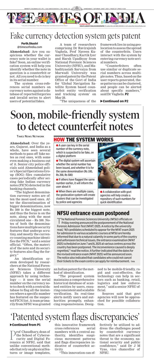 NFSU_Goa's tweet photo. Global Navigation Satellite System based Counterfeit entity verification and tracking system is a breakthrough innovation patented by NFSU researchers. It  is a major leap towards detection of fake currency and strengthening the financial system. https://t.co/VCbrx05wTT