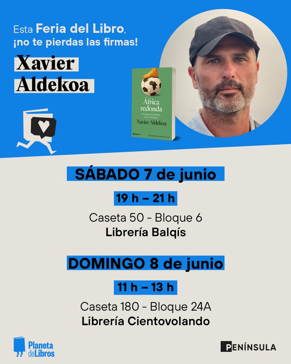 Ediciones Península (@ed_peninsula) on Twitter photo 🎙️¡No te pierdas las firmas de la <a href="/FLMadrid/">Feria del Libro de Madrid</a>! Hoy y mañana <a href="/xavieraldekoa/">Xavier Aldekoa</a> firmará ejemplares de 'África Redonda' en las casetas de la feria de las librerías <a href="/LibreriaBalqis/">Librería Balqís</a> y <a href="/cientovolando_/">𝐂𝐢𝐞𝐧𝐭𝐨 𝐯𝐨𝐥𝐚𝐧𝐝𝐨</a> ⬇️⬇️ planetadelibros.com/libro-africa-r… 🎙️¡No te pierdas las firmas de la <a href="/FLMadrid/">Feria del Libro de Madrid</a>! Hoy y mañana <a href="/xavieraldekoa/">Xavier Aldekoa</a> firmará ejemplares de 'África Redonda' en las casetas de la feria de las librerías <a href="/LibreriaBalqis/">Librería Balqís</a> y <a href="/cientovolando_/">𝐂𝐢𝐞𝐧𝐭𝐨 𝐯𝐨𝐥𝐚𝐧𝐝𝐨</a> ⬇️⬇️ planetadelibros.com/libro-africa-r…