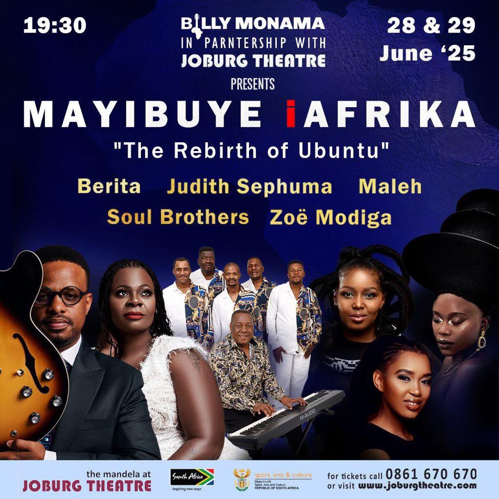 Mayibuye.iAfrika (@mayibuyeiafrika) on Twitter photo Mayibuye iAfrika Concert, B⭕️⭕️K N⭕️W
📅 28 June & 29 June 2025
🕰️ 19:30 PM, Sat & 15:30 Sun
📍 <a href="/joburgtheatre/">Joburg Theatre</a>
🎟️ R250 - R1500 Available on Webtickets.Grab your ticket today!
#tbt #mayibuyeiafrika #mayibuyeiafrikaconcert2025 #therebirthofubuntu
#RHODurbanS5 Mayibuye iAfrika Concert, B⭕️⭕️K N⭕️W
📅 28 June & 29 June 2025
🕰️ 19:30 PM, Sat & 15:30 Sun
📍 <a href="/joburgtheatre/">Joburg Theatre</a>
🎟️ R250 - R1500 Available on Webtickets.Grab your ticket today!
#tbt #mayibuyeiafrika #mayibuyeiafrikaconcert2025 #therebirthofubuntu
#RHODurbanS5