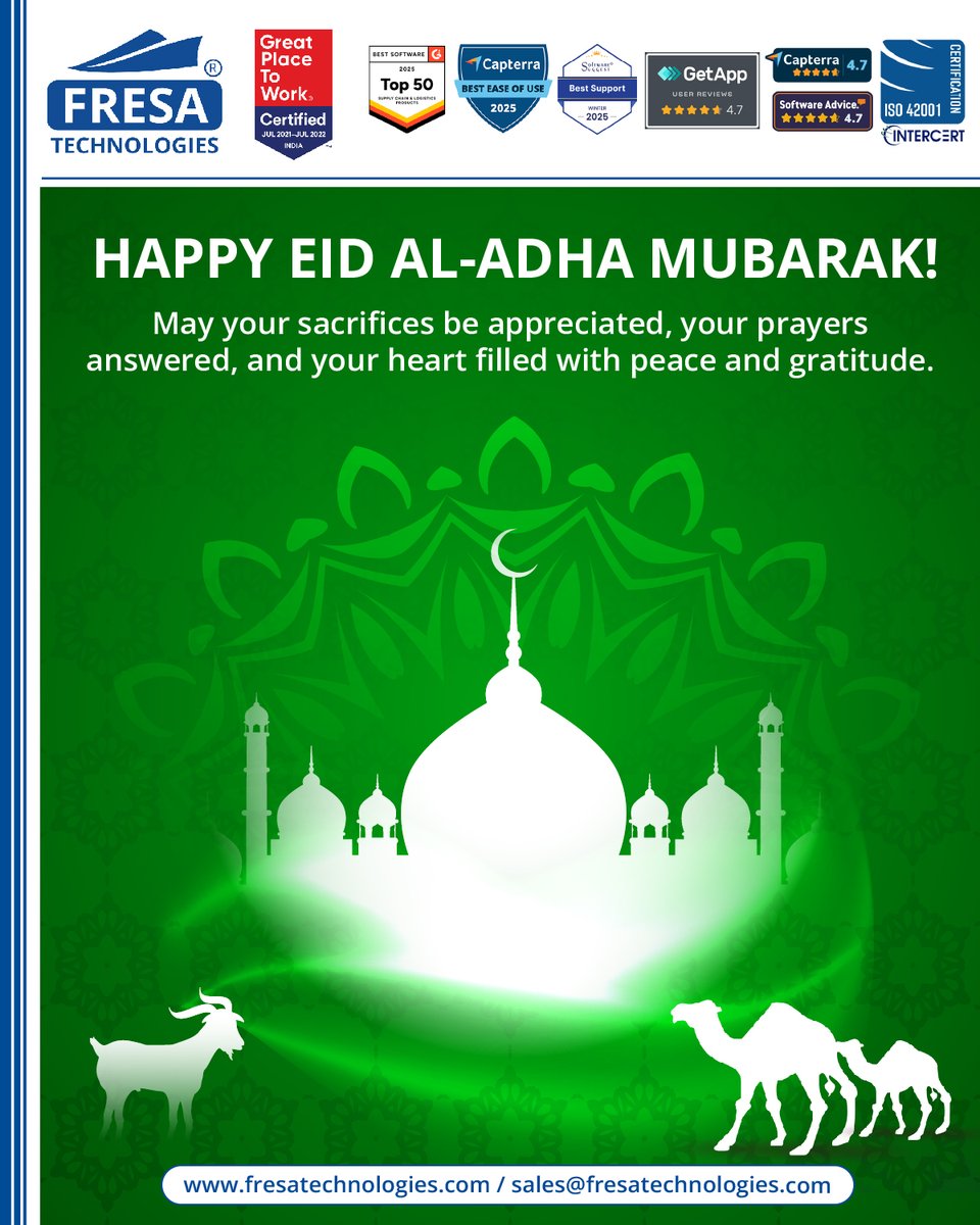 Fresa Technologies (@fresatechnology) on Twitter photo 🌙HAPPY EID AL-ADHA ✨🕋
Eid al Adha Mubarak! 🕌👨👩👧👦
🔗 Visit us: fresatechnologies.com
📧 sales@fresatechnologies.com
#FresaTechnologies #FreightForwarding #ERPforLogistics #LogisticsSoftware #SupplyChainTech #EidAlAdha #EidMubarak #FestivalOfSacrifice #EidCelebration 🌙HAPPY EID AL-ADHA ✨🕋
Eid al Adha Mubarak! 🕌👨👩👧👦
🔗 Visit us: fresatechnologies.com
📧 sales@fresatechnologies.com
#FresaTechnologies #FreightForwarding #ERPforLogistics #LogisticsSoftware #SupplyChainTech #EidAlAdha #EidMubarak #FestivalOfSacrifice #EidCelebration