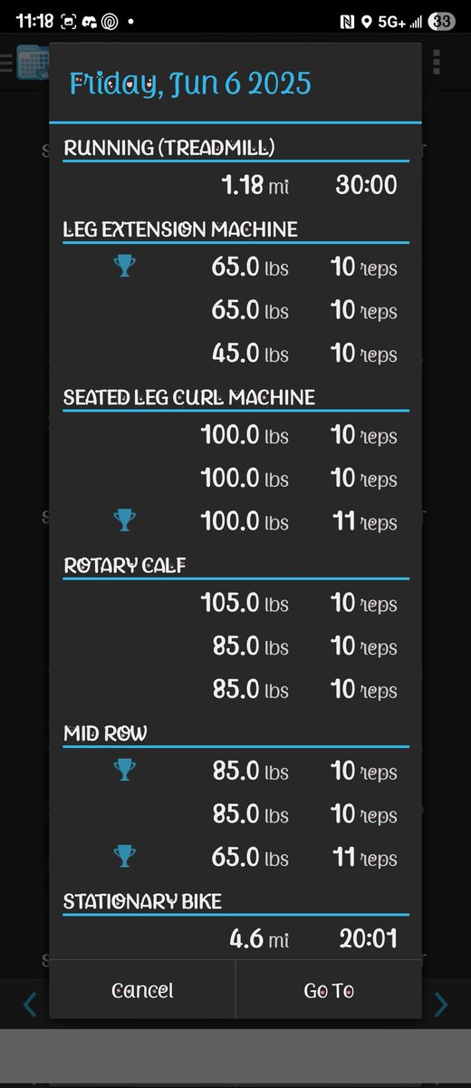 My workout today from the gym 

Hehe it not my normal but thats cause I was softly handicap 😶‍🌫️ 

But I still feel accomplished for tonight. ^_^