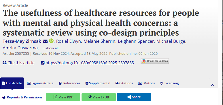 New review! (open access) Systematic review using co-design principles into the usefulness of healthcare resources for people with mental and physical health concerns
doi.org/10.1080/095815…

#research #review #codesign #LivedExperience #MentalHealth #PhysicalHealth
