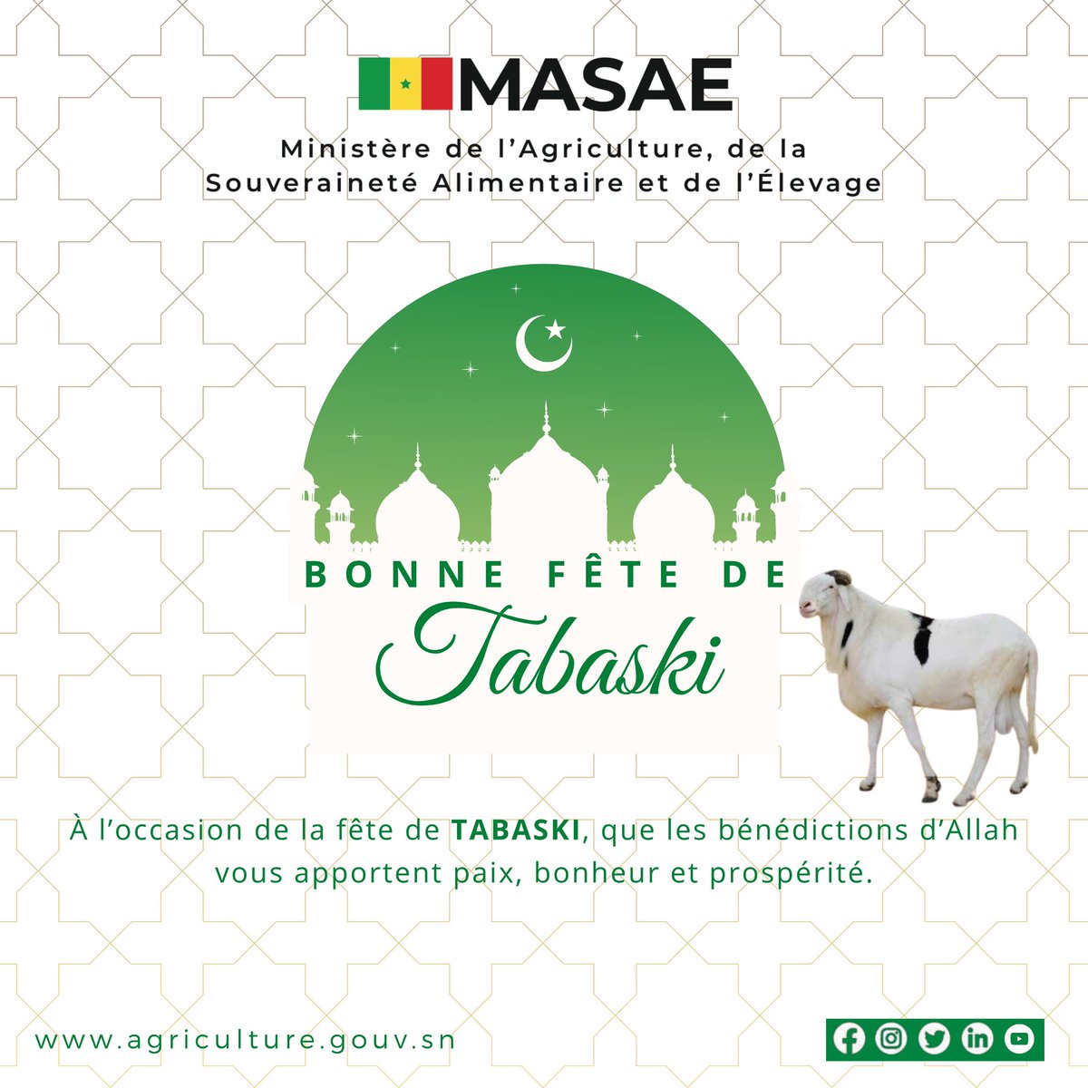 Bonne fête de la Tabaski à toutes et à tous !

En cette fête de la Tabaski, symbole de foi, de solidarité et de partage, je tiens à adresser mes vœux les plus chaleureux à l’ensemble des Sénégalaises et des Sénégalais, d’ici et de la diaspora.

Que cette célébration sacrée soit