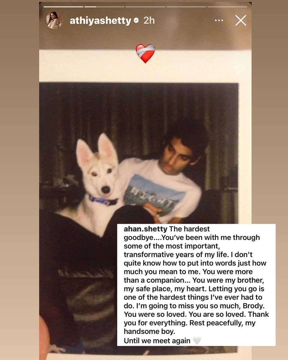 indiaforums's tweet photo. Athiya Shetty bids a tearful goodbye to her beloved pet Brody 💔
Her emotional tribute reflects the deep bond they shared. Rest in peace, little one 🐾🕊️
.
.
.
#AthiyaShetty #Brody #PetLove #DogLover #EmotionalTribute #CelebrityPets #BollywoodNews #RIPBrody #IndiaForums https://t.co/XEONULZj4R