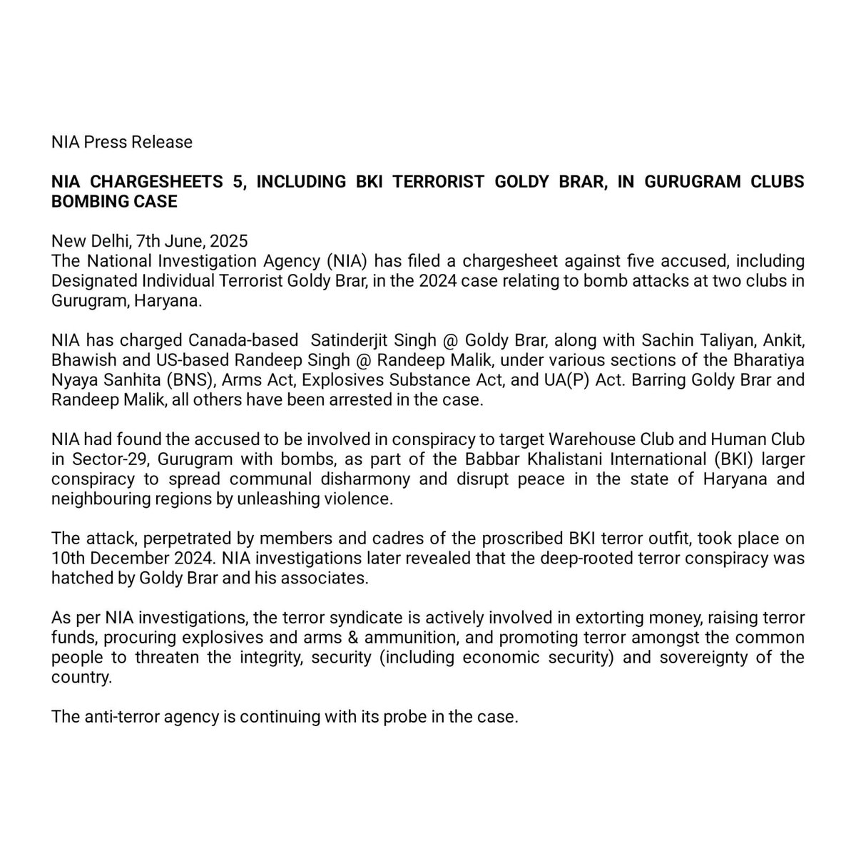 NIA CHARGESHEETS 5, INCLUDING BKI TERRORIST GOLDY BRAR, IN GURUGRAM CLUBS BOMBING CASE