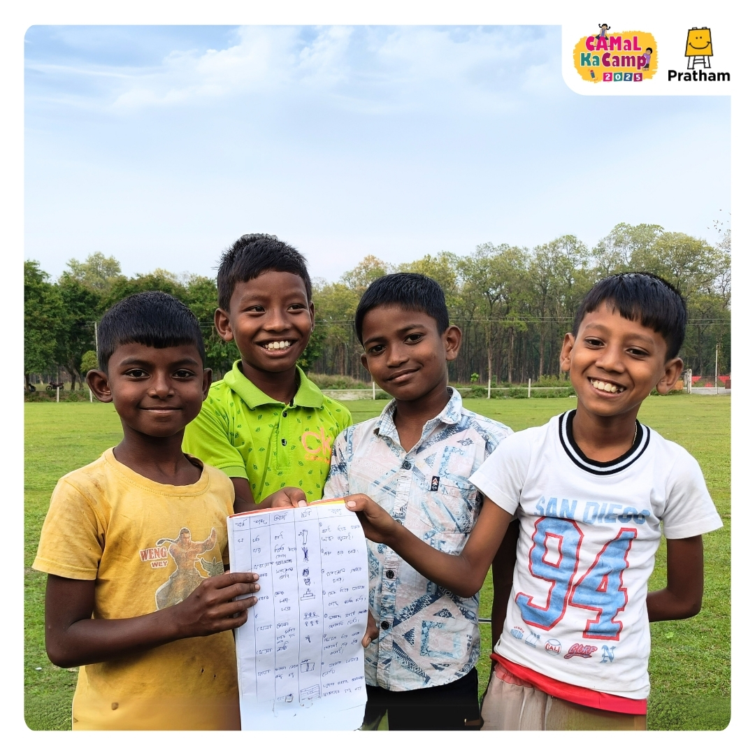 Roni, Munna, Nabadip, and Suman—friends from Jalpaigudi, West Bengal—are building their own word dictionaries at #CAMaLKaCamp2025, one of many ways children are growing their language skills this summer.
.
.
.
 #LearningThroughPlay #LanguageSkills #CommunityLearning