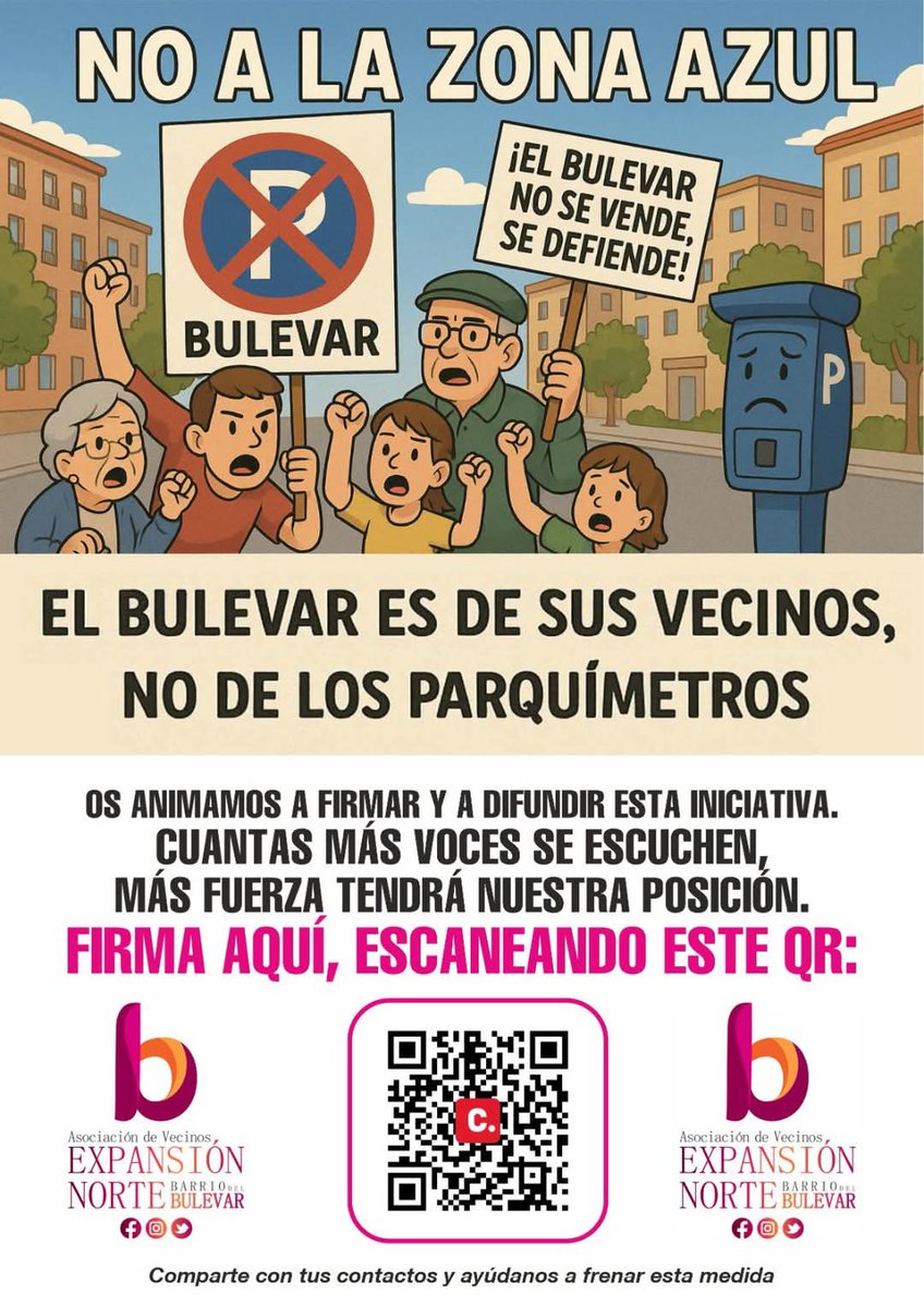 AvExpansionN's tweet photo. 🚫❌ ¡NO A LA ZONA AZUL EN EL BULEVAR! ❌🚫
Cada vez más comercios se suman a la protesta.
🛍️ Si tienes un negocio, únete y coloca el cartel con QR para firmar.
✍️ Firma aquí: https://t.co/7pkVt5EJk5
#NoZonaAzul #ComercioLocal #ApoyaAlBarrio https://t.co/GDjfBlOzt8
