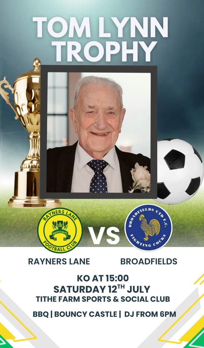 A special day for a special man. Please come and support both teams to help remember Tom Lynn on 12th July at the club. This will also see the Middlesex Senior Cup winners V Middlesex  Charity Cup.