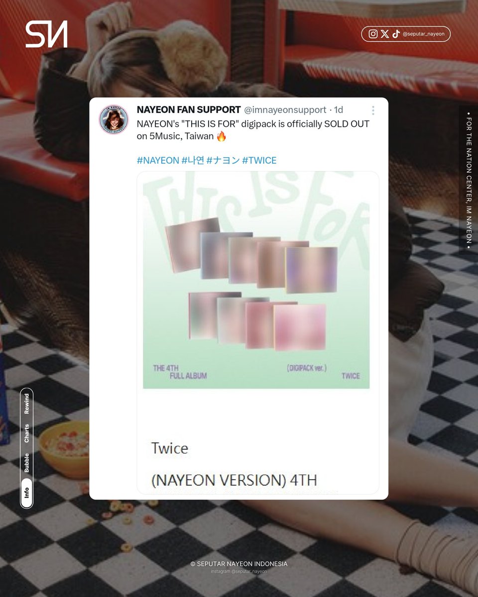 seputar_nayeon's tweet photo. #SNI_INFO | Sebentar lagi akan melangsungkan comeback dengan TWICE, album ‘THIS IS FOR’ digipact versi Nayeon telah habis terjual di situs 5music, Taiwan
#TWICE #NAYEON #트와이스 #나연 #임나연
#ナヨン #林娜璉 @JYPETWICE @JYPETWICE_JAPAN https://t.co/pGDrg5Jhjl