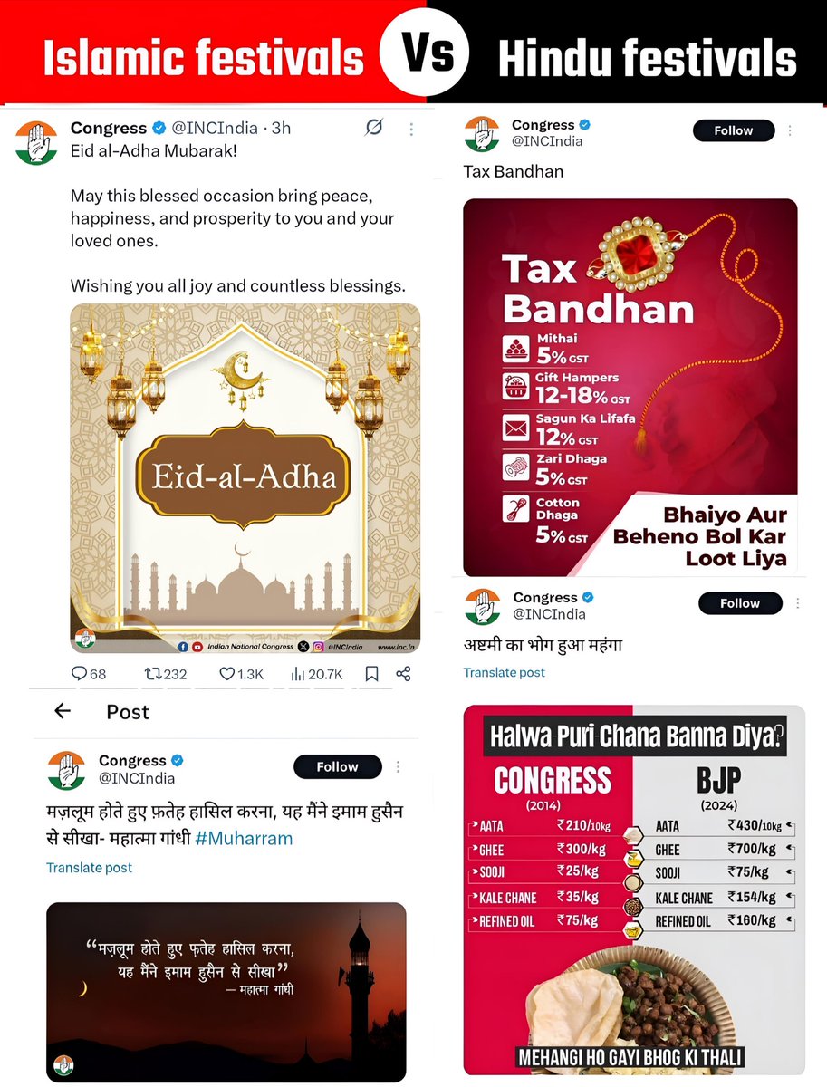 Congress on
-Eid : Eid Mubarak, enjoy 
-Bakrid : Bakrid Mubarak, enjoy
-Christmas : Merry Christmas, enjoy

Congress on 
-Holi : Bhukmari ki Holi
-Diwali : Mahngai ki Diwali
-Rakshabandhan: Tax Bandhan

This mixed DNA gang never simply wish us, always put their propaganda in it.