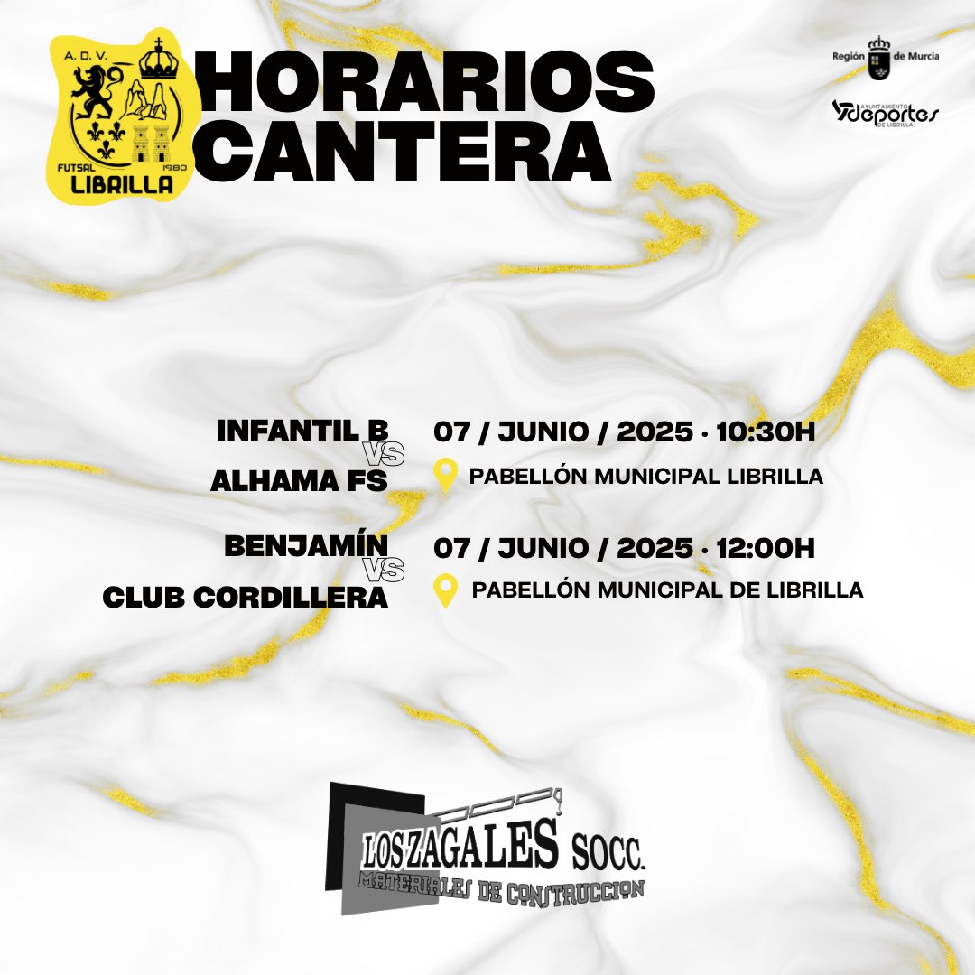 👊 ¡Hoy hay fútbol sala en Librilla!

Nuestro Infantil B y nuestro Benjamín tienes compromisos en esta mañana de sábado 

El Infantil B se medirá al <a href="/FsAlhama/">Alhama FS Primafrio</a> en la Jornada 33 de la Liga Autonómica y el Benjamín ante el Cordillera en Copa

#SomosLibrilla 💛 #EternamenteCati