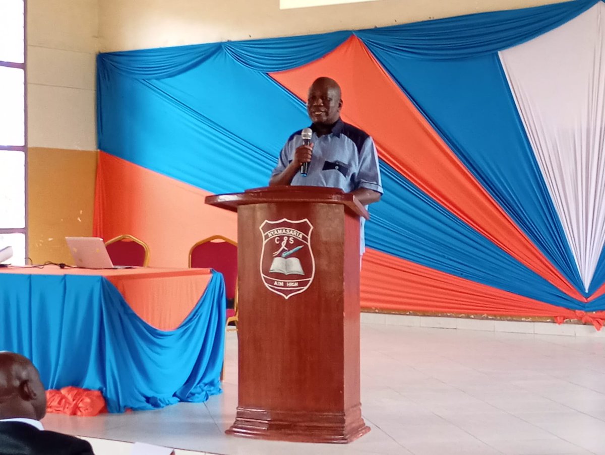 Rosemary Birenge, CDE – Kisumu County, addresses participants during FM training for HOIs. Also present was Mr. Nelson Sifuna, Director of Field Services and Co-Curricular Activities at MOE, who also addressed the participants during the training held in Kisumu County. #KEMI