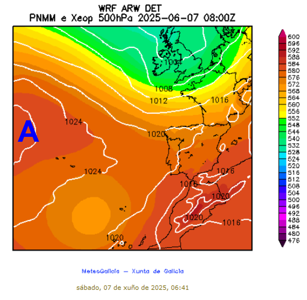 Como vemos na situación sinóptica o anticiclón está centrado ó oeste de Azores e irá achegándose na fin de semana. Así teremos aínda hoxe bastantes nubes, sobre todo na metade norte, pero que xa mañá irán desaparecendo.
 Imos cara uns días de tempo seco☀️e calor.

#FelizSábado