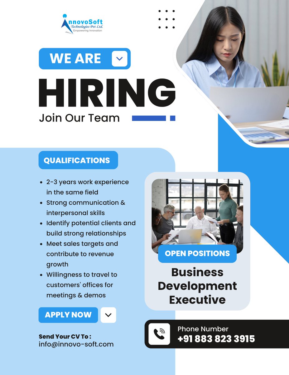 InnovosoftL's tweet photo. 🚀 We’re Hiring-Business Development Executive! 💼
Are you a people person with a passion for sales &amp; strategy?
Join our growing team and help us take innovation to the next level! 🌐✨ 
...........

Click the below link apply👇
https://t.co/EQEAIAcsGG https://t.co/r6YDqG2Jlr