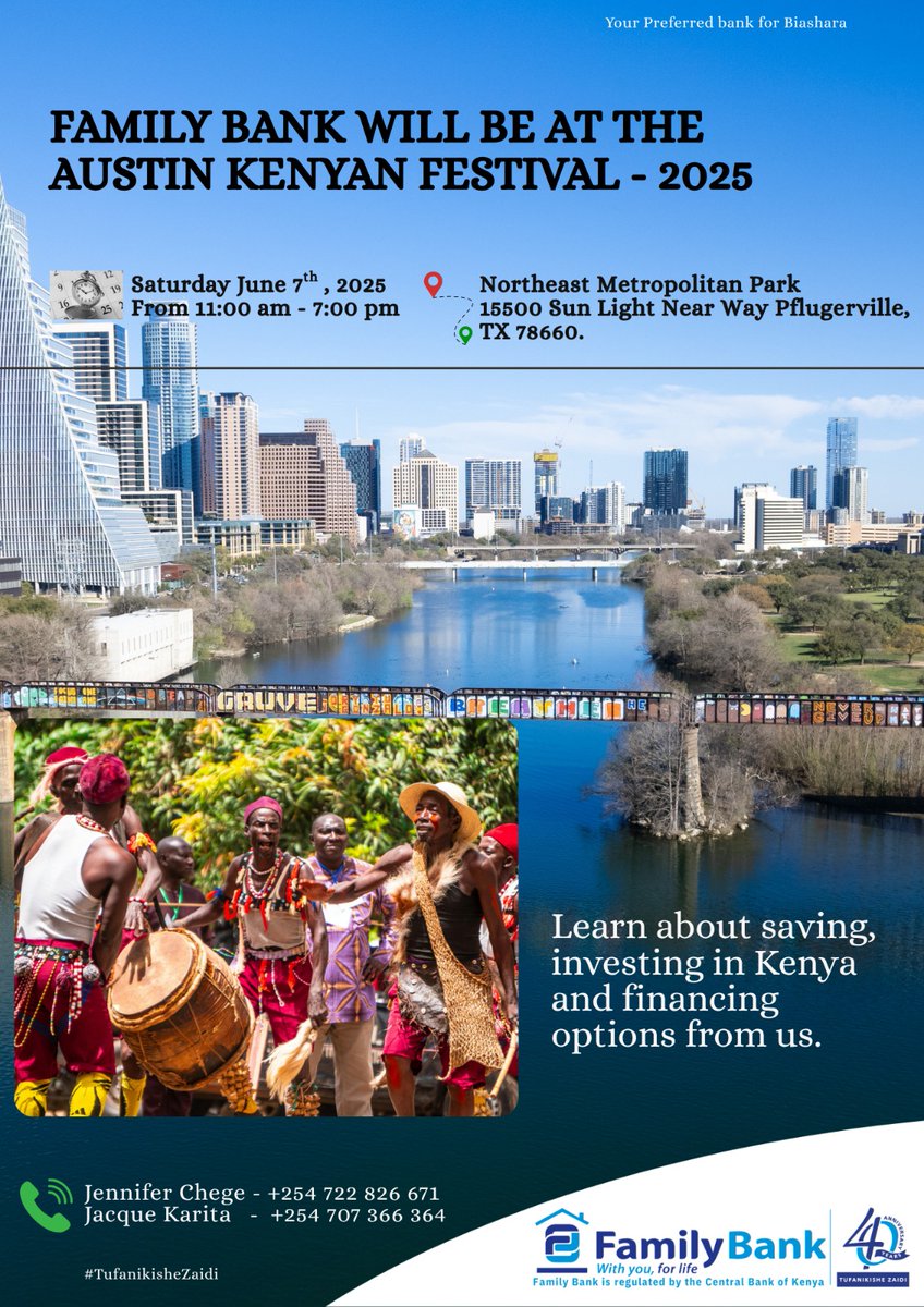 Hello Austin!
Catch us at the Austin Kenyan Festival 2025 this Saturday and let us talk about how you can save, invest, and finance back home in Kenya with Family Bank.
Your dreams are valid!
#TufanikisheZaidi