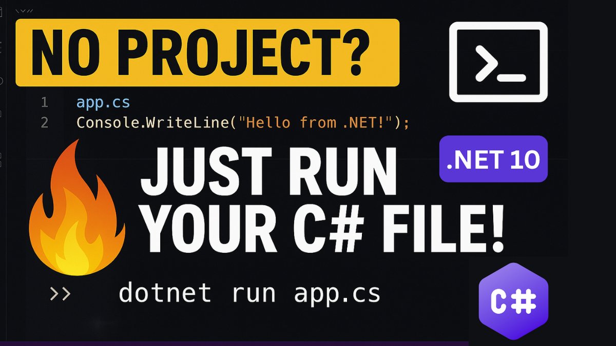 TechPoorna's tweet image. 🚀 In .NET 10 Preview 4, you can now run C# files without a project!
Just write code in Hello.cs and run:

dotnet run Hello.cs

✅ Add NuGet
✅ Build APIs
✅ Convert to a project later

🎥 Full video 👇
youtu.be/_XrSIwGdtcE

#dotnet #csharp #dotnet10 #minimalapi #devcommunity