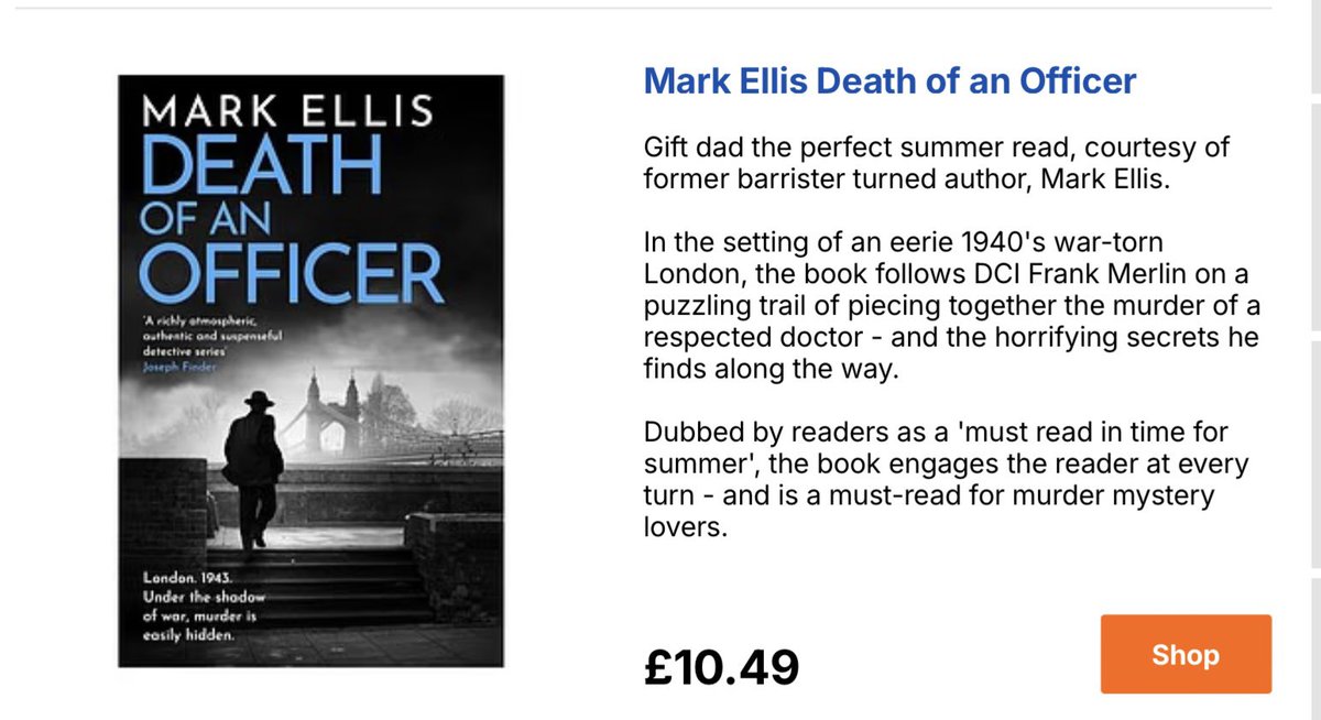 Mark Ellis (@markellis15) on Twitter photo ‘The perfect summer read..engages the reader at every turn..a must-read for murder mystery lovers.’
#DeathOfAnOfficer, the new #FrankMerlin detective novel, as recommended in the #FathersDay Gift Guide of today’s <a href="/DailyMail/">Daily Mail</a>.
<a href="/AspectsHistory/">Aspects of History</a> <a href="/HistoriaHWA/">Historia – the HWA</a> <a href="/Paulodaburka/">Paul Burke</a> <a href="/books2cover/">History Book Chat</a> ‘The perfect summer read..engages the reader at every turn..a must-read for murder mystery lovers.’
#DeathOfAnOfficer, the new #FrankMerlin detective novel, as recommended in the #FathersDay Gift Guide of today’s <a href="/DailyMail/">Daily Mail</a>.
<a href="/AspectsHistory/">Aspects of History</a> <a href="/HistoriaHWA/">Historia – the HWA</a> <a href="/Paulodaburka/">Paul Burke</a> <a href="/books2cover/">History Book Chat</a>