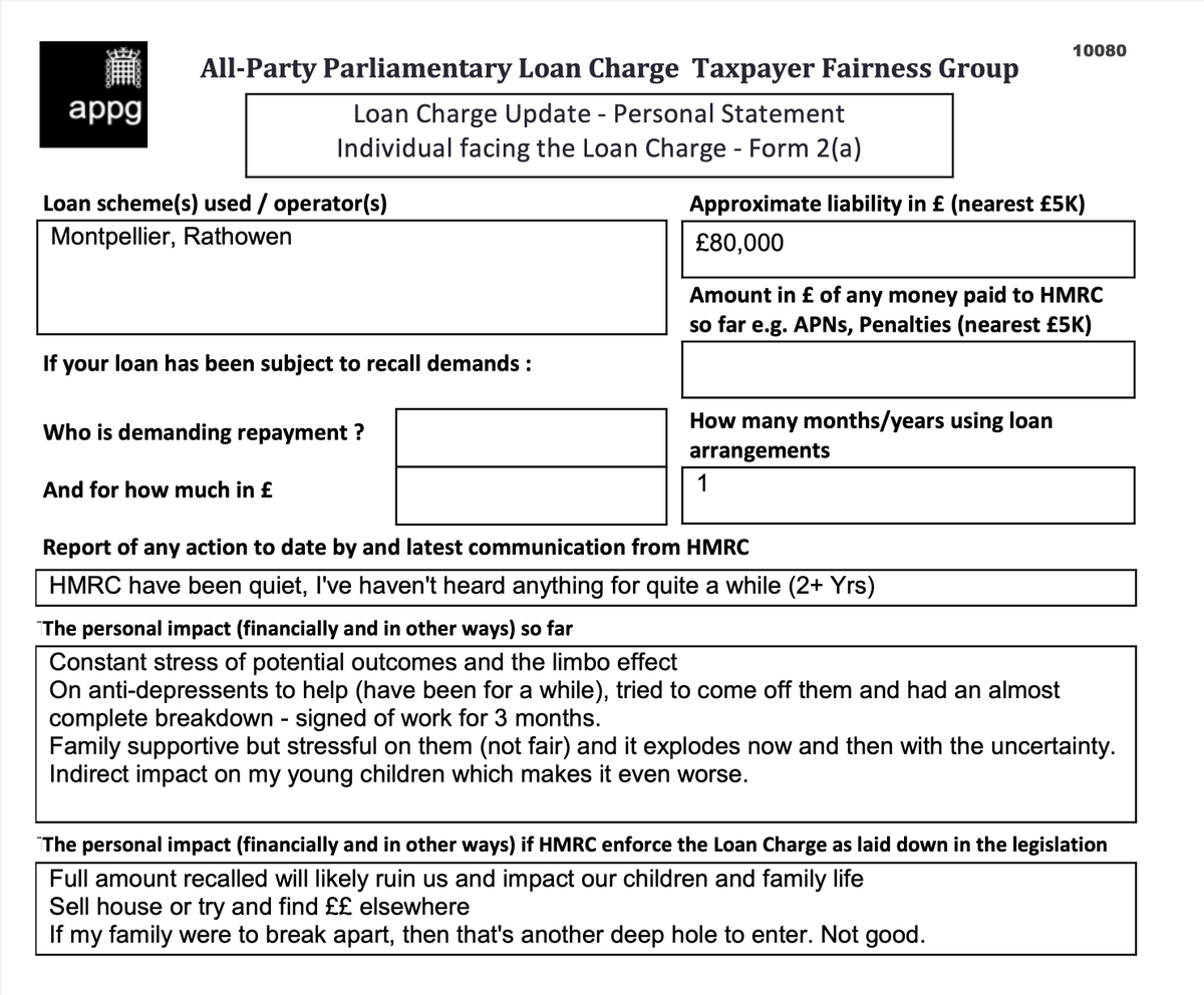 Constant stress of potential outcomes and the limbo effect
Tried to come off anti-depressants and had an almost complete breakdown – signed off work for 3 months
Indirect impact on my young children
Full amount recalled will ruin us

<a href="/LCAG_2019/">Loan Charge Action Group [LCAG]</a> <a href="/loanchargeAPPG/">Loan Charge & Taxpayer Fairness APPG</a> #LoanChargeScandal