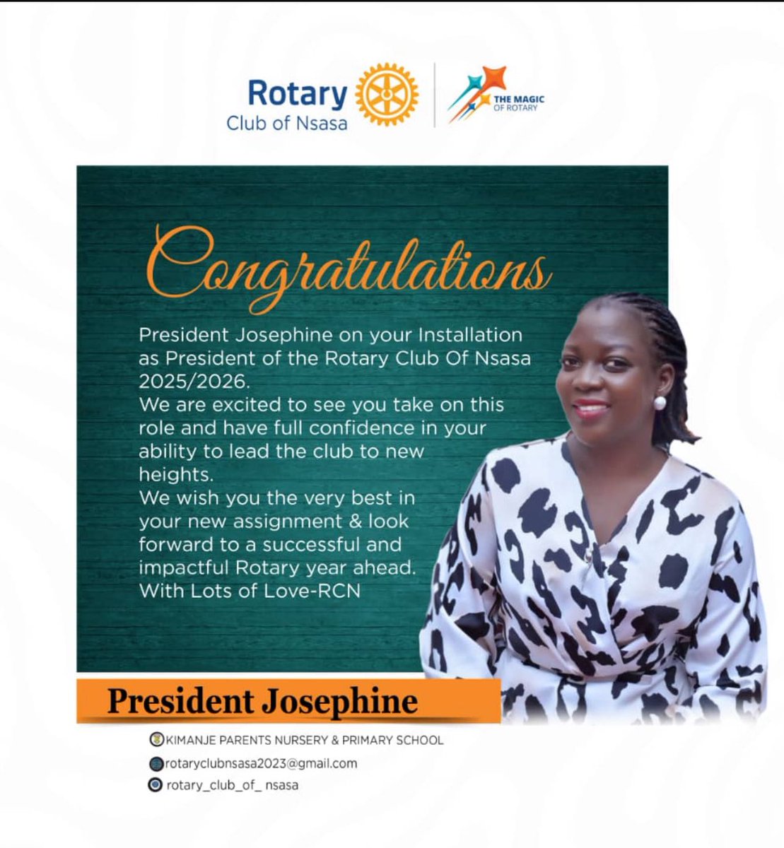 Rotary club of Nsasa (@rcnsasa) on Twitter photo Congratulations Josephine on your Installation as our President of the Rotary Club of Nsasa.
We wish you all the best as you contribute your quota to the club๐ฅ Congratulations Josephine on your Installation as our President of the Rotary Club of Nsasa.
We wish you all the best as you contribute your quota to the club๐ฅ