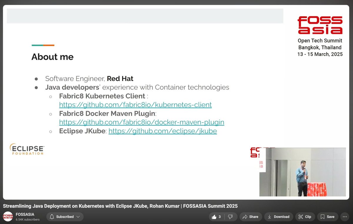 FOSSASIA (@fossasia) on Twitter photo 🚀 Tired of struggling with YAML & Dockerfiles?
Watch <a href="/r0hankanojia/">Rohan Kumar</a> share how Eclipse #JKube simplifies #Java app deployment on #Kubernetes using Maven/Gradle plugins—no sweat, just code at #FOSSASIA Summit 2025
🎥 Click here: youtu.be/AeWLhpCFF58 🚀 Tired of struggling with YAML & Dockerfiles?
Watch <a href="/r0hankanojia/">Rohan Kumar</a> share how Eclipse #JKube simplifies #Java app deployment on #Kubernetes using Maven/Gradle plugins—no sweat, just code at #FOSSASIA Summit 2025
🎥 Click here: youtu.be/AeWLhpCFF58
