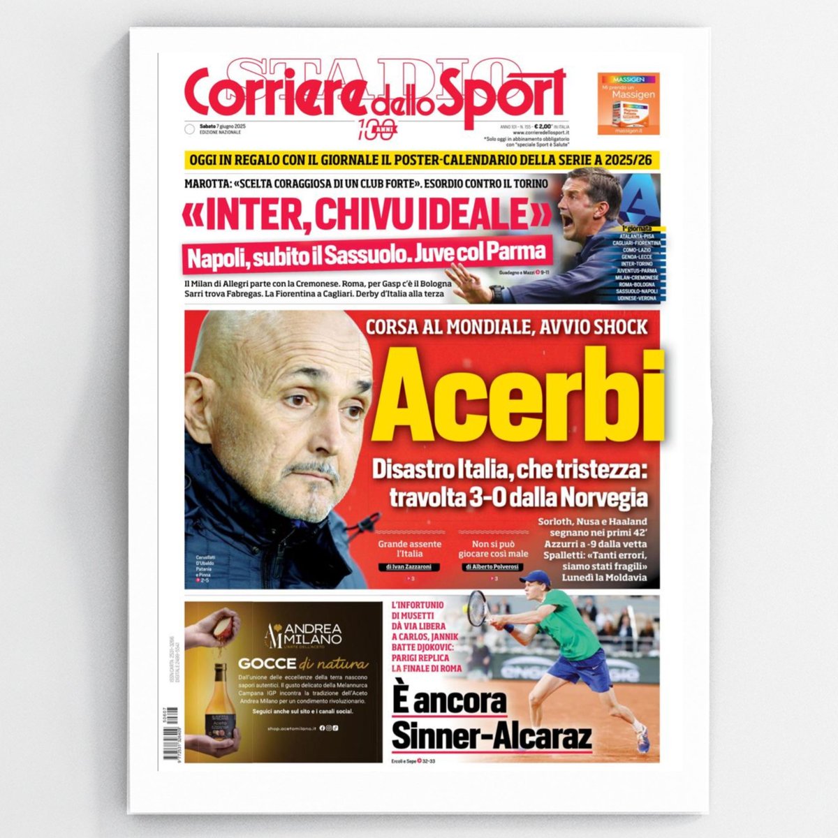 Acerbi 🤯 È ancora Sinner-Alcaraz 🔥 Questa è la prima pagina del Corriere  dello Sport del 7 giugno, image size:1200x1200