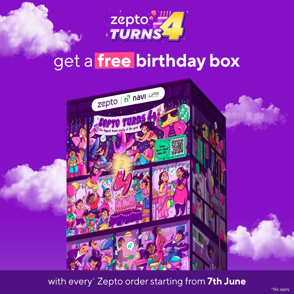 ZeptoNow's tweet image. Party karni hai? Party karenge! 🥳

As Zepto turns 4, we are giving out free gift boxes with every order. 🎁Get your box today!