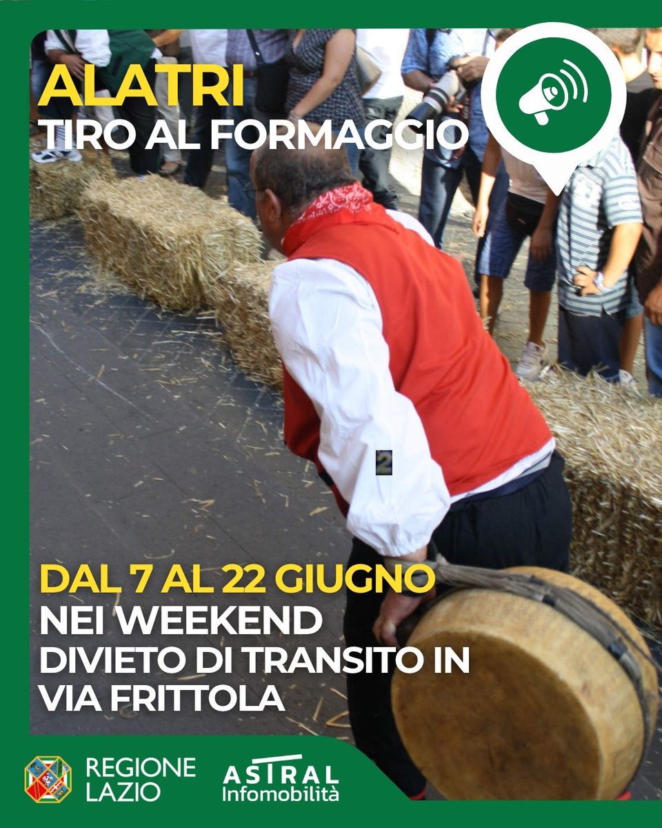📢 #Alatri 

🧀#TiroalFormaggio
📆 nei weekend dal 7 al 22 #giugno 

⛔️ divieto di transito in #ViaFrittola 
🕤 a partire dalle ore 14:30

👉tinyurl.com/yc48sf3a

#pendolariLAZ
#viabiliLAZ