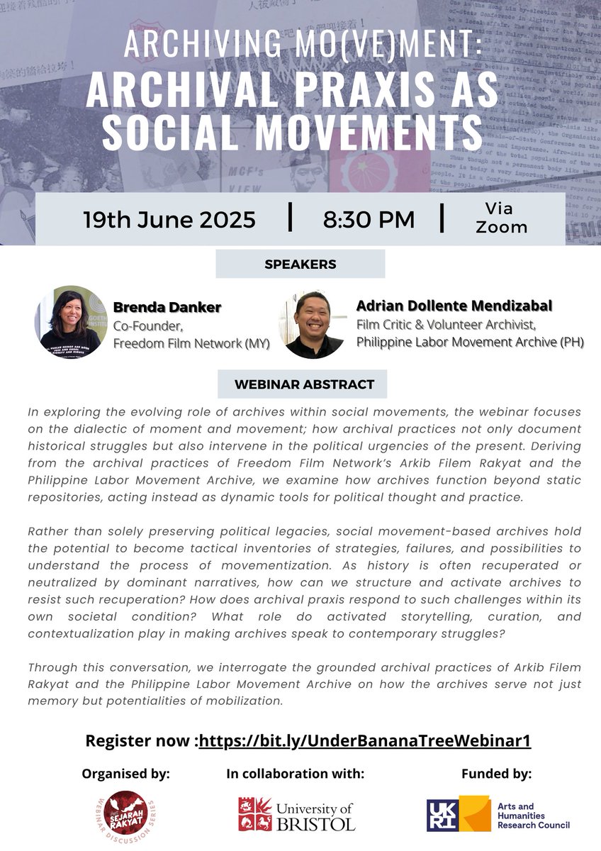 Pusat Sejarah Rakyat (@sejarahrakyat) on Twitter photo 📣 Archiving Mo(ve)ment: Archival Praxis as Social Movements
🗓 19.6. 2025
🕗 8:30 PM (MY Time)
📍 Register: bit.ly/UnderBananaTre…
Join Brenda Danker <a href="/freedomfilmfest/">FreedomFilmFest 🎥</a> & Adrian Mendizabal <a href="/laborarchiveph/">Philippine Labor Movement Archive</a> as we explore archives as tools of struggle, memory, and mobilization! 📣 Archiving Mo(ve)ment: Archival Praxis as Social Movements
🗓 19.6. 2025
🕗 8:30 PM (MY Time)
📍 Register: bit.ly/UnderBananaTre…
Join Brenda Danker <a href="/freedomfilmfest/">FreedomFilmFest 🎥</a> & Adrian Mendizabal <a href="/laborarchiveph/">Philippine Labor Movement Archive</a> as we explore archives as tools of struggle, memory, and mobilization!