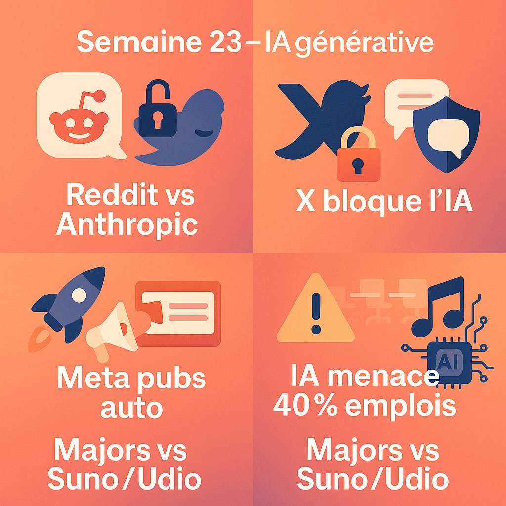 💥6 sujets IA questionnant tout en semaine 23 👇 
1⃣Reddit vs Anthropic 
2⃣𝕏 bloque l’IA 
3⃣OpenAI démonte la désinfo 
4⃣Meta 2026 = pubs auto 
5⃣IA menace 40 % emplois 
6⃣Majors vs Suno/Udio
7⃣Le récap: Open AI, Mistral 🇫🇷, Gemini, etc.
