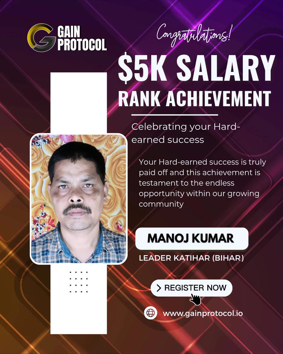 jaykumar1161904's tweet image. 🎉 Congratulations to Manoj Kumar from Bihar! 🎉
We&apos;re proud to celebrate your outstanding achievement of reaching the $5K Salary Rank in Gain Protocol! 🌟

🌐 gainprotocol.com

#GainProtocol #SuccessStory #FinancialFreedom #Congratulations #5KMilestone #ProudMoment