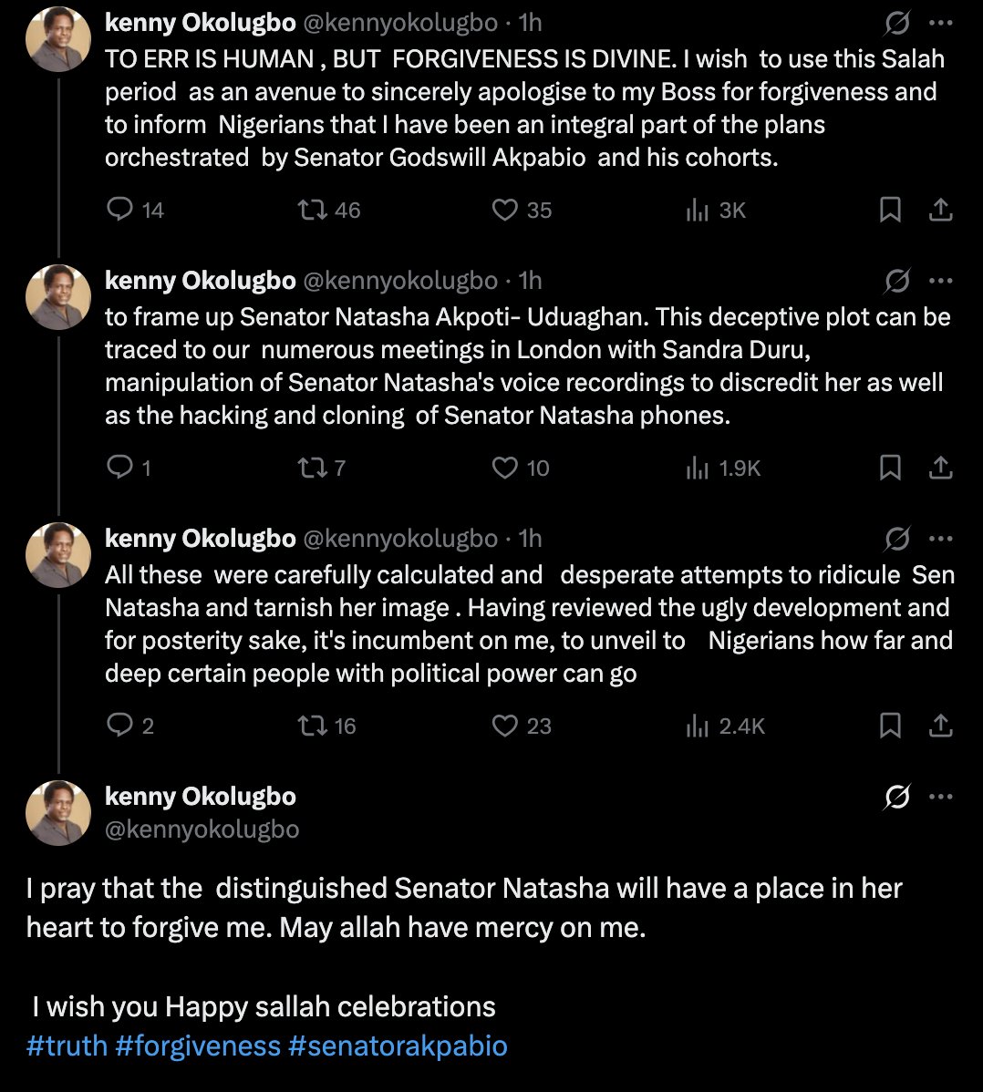 Adeola Fayehun (@adeolafayehun) on Twitter photo Akpabio's aide <a href="/kennyokolugbo/">kenny Okolugbo</a> is confessing to framing <a href="/NatashaAkpoti/">Natasha Akpoti</a> oooo. What is going on? Uncle, don't come back tomorrow to say your account was hacked ooo. Pass the popcorn 🍿😂 Akpabio's aide <a href="/kennyokolugbo/">kenny Okolugbo</a> is confessing to framing <a href="/NatashaAkpoti/">Natasha Akpoti</a> oooo. What is going on? Uncle, don't come back tomorrow to say your account was hacked ooo. Pass the popcorn 🍿😂