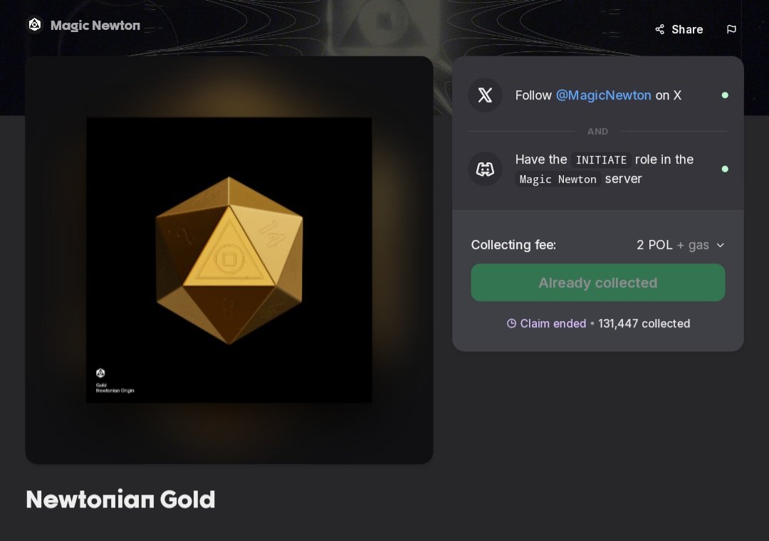 Minted..

We have only 131447 Newtonian Gold NFT  on <a href="/MagicNewton/">Newton</a> 

Will get allocation? 😂😂