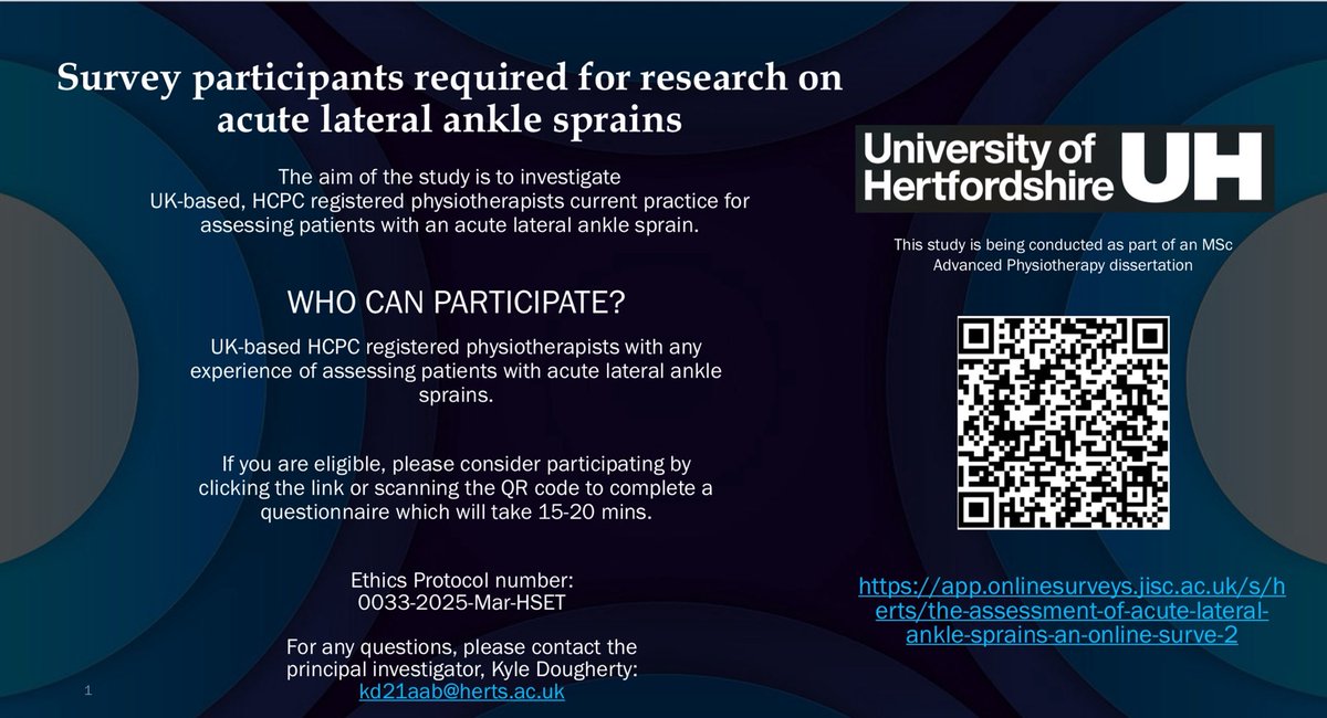 Half way there! Have had some great response over the least 2 weeks. Thanks to those who have shared and reponded! 
Please consider completing this questionnaire on acute lateral ankle sprain assessment. 

app.onlinesurveys.jisc.ac.uk/s/herts/the-as…