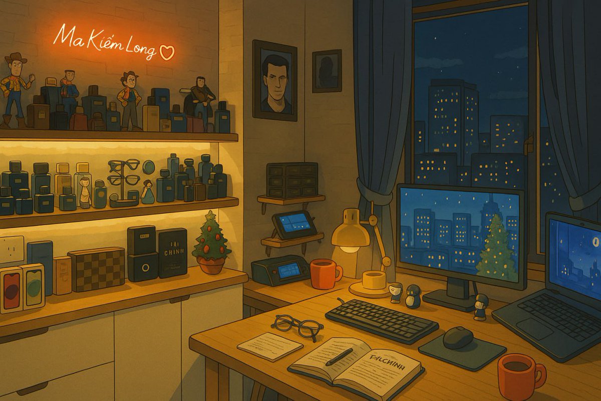 MAKIEMLONG's tweet photo. DAY 1: Dream Resting Spot - MY ROOM (INSPIRED BY MY REAL ROOM)

In the hustle of daily life, everyone dreams of a peaceful corner where the mind can relax and creativity can bloom. My dream resting spot is best captured in the image before me: a cozy, warm-toned study room overlooking a peaceful night cityscape.

What makes this spot so ideal isn’t just the aesthetic, but the feeling of comfort it inspires. The soft yellow lighting, the wooden textures, and the presence of familiar items—like books, glasses, collectibles, and a small Christmas tree—create a homely and deeply personal space. A neon sign with the name “Ma Kiếm Long ♥” glows warmly above shelves lined with perfumes and figurines, showing that this room is not just for work, but a space of identity and memory.

Two monitors reflect a calm, starry sky and a lit Christmas tree, blending the digital world with the tranquility of nature. The presence of both open books and tea mugs hints at a balance between productivity and relaxation. Even the view outside the window—tall buildings with glowing windows—gives a sense of quiet urban life that continues gently without intruding.

To me, a dream resting spot doesn’t mean isolation from life, but a space where one feels safe and inspired. It is a place where one can read, think, work, rest—and simply be. In such a room, time slows down, and the mind can wander freely.

This room is more than furniture and light. It is a sanctuary—warm, personal, and full of life’s little comforts. A dream resting spot, indeed.

@NotForThinking   #PieceByPeace #NotForThinking #RestoriaCity #MyChillSpace