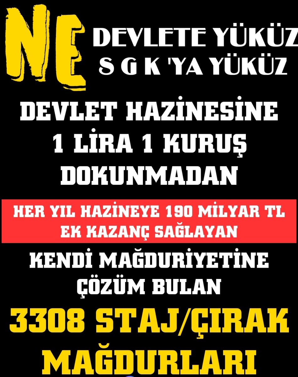 Kısa vadeli prim kolu tarihe karışmalı 
<a href="/RTErdogan/">Recep Tayyip Erdoğan</a>
<a href="/dbdevletbahceli/">Devlet Bahçeli</a>
<a href="/_cevdetyilmaz/">Cevdet Yılmaz</a>
<a href="/isikhanvedat/">Prof. Dr. Vedat Işıkhan</a>
<a href="/memetsimsek/">Mehmet Simsek</a>
<a href="/Onuronal_/">Onur Önal</a>

Sosyal Adalet İçin
#StajÇıraklıkTescili
#HizmetBaşlangıcıOlmalıdır