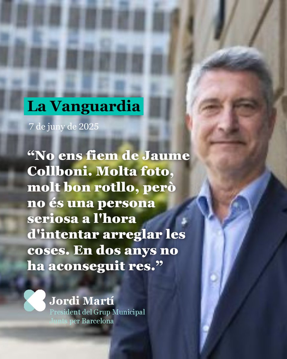 “No ens fiem de Jaume Collboni. Molta foto, molt bon rotllo, però no és una persona seriosa a l'hora d'intentar arreglar les coses. En dos anys no ha aconseguit res.”

🗣️ Entrevista del president del grup municipal de Junts per #Barcelona <a href="/jmartigalbis/">Jordi Martí Galbis</a> a <a href="/LaVanguardia/">La Vanguardia</a> ⤵️