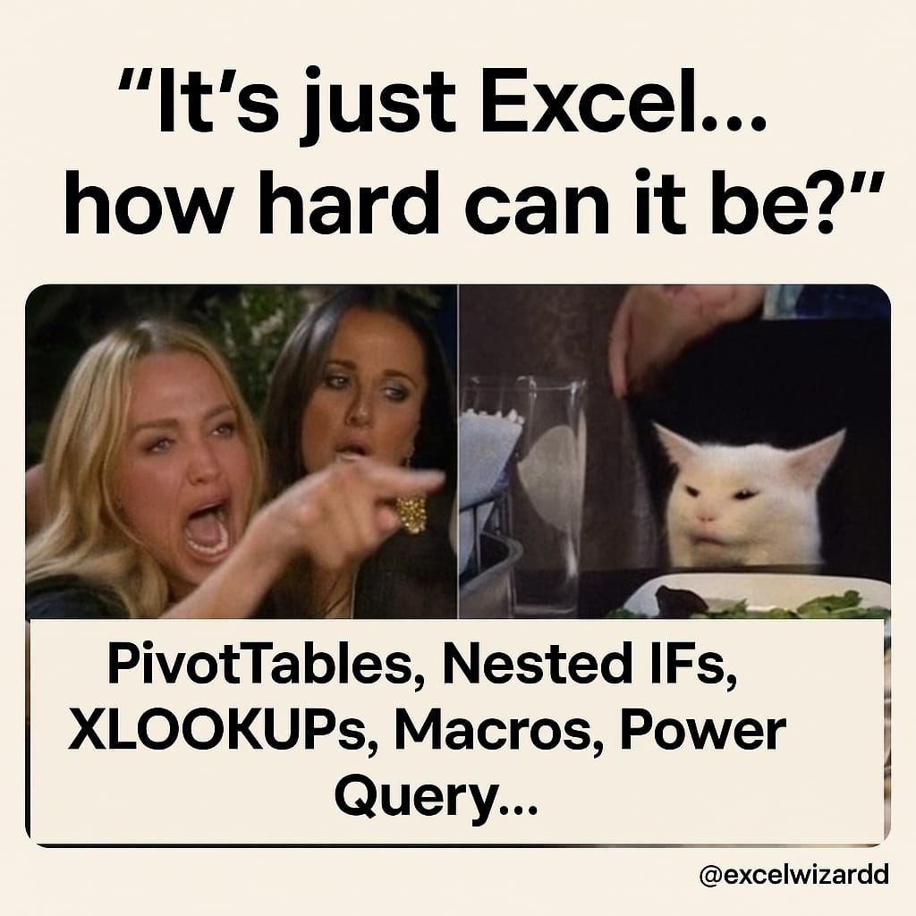 excelwizardd's tweet image. “It’s just Excel, how hard can it be?”
Excel: Let me introduce you to PivotTables, Nested IFs, XLOOKUPs, VBA macros, Dynamic Arrays, Power Query and 1000+ hidden traps.
Me: 👁👄👁
@Microsoft365 @Microsoft
#ExcelHumor #ExcelLife #ExcelStruggles #ExcelWizardd