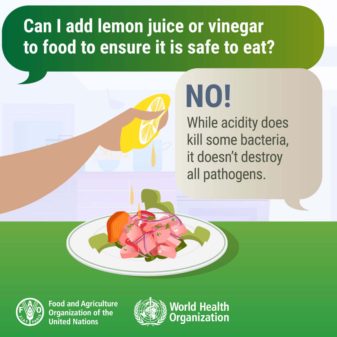 WHO's tweet photo. Adding lemon juice or acidity doesn’t make food safe to eat. It may slow the bacterial growth, but it won’t kill all dangerous pathogens.

Sour ≠ Safe. https://t.co/zwkW6nmwM0