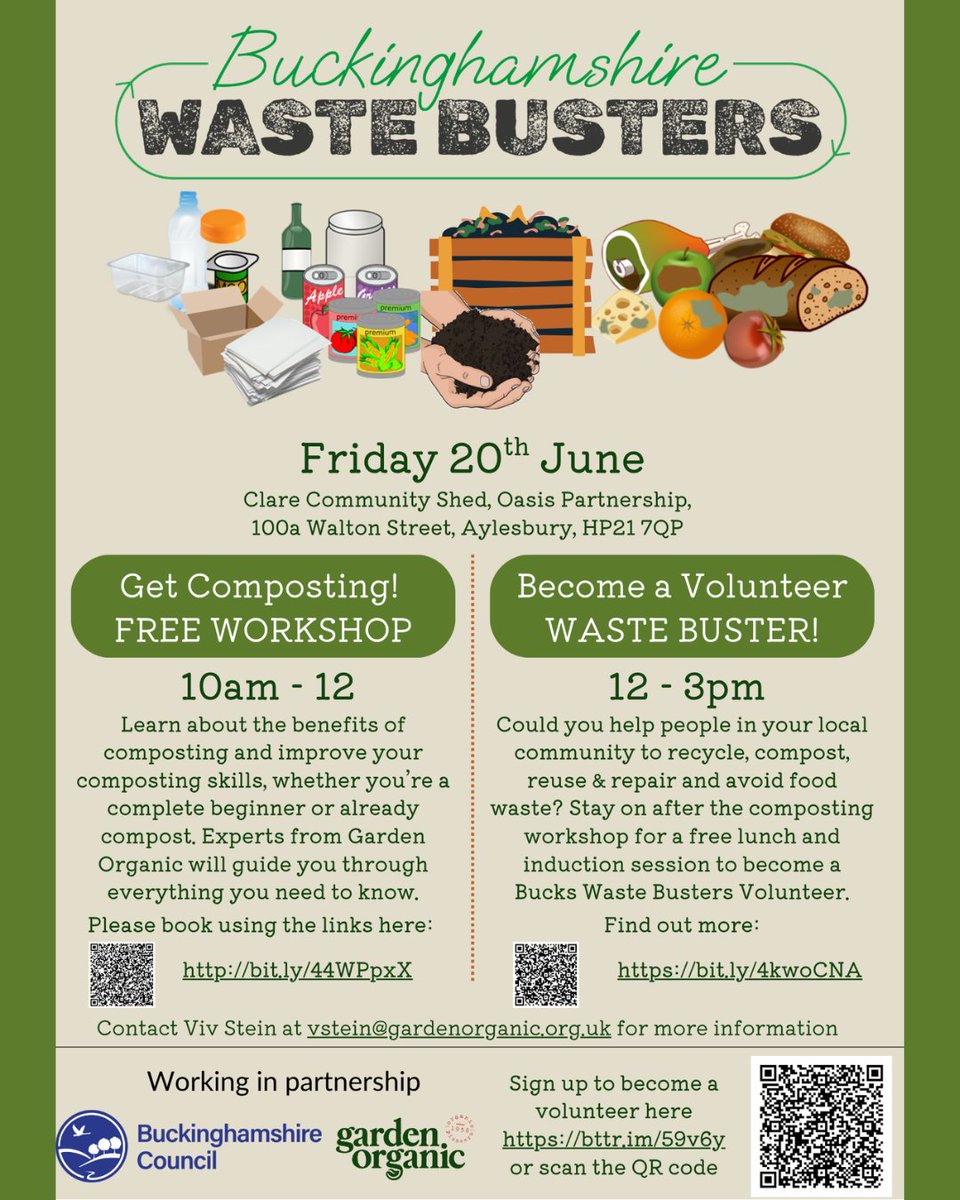 Come along to this free composting workshop and volunteer session on Friday 20th June at our Clare Community Shed. 

Contact vstein@gardenorganic.org.uk for more information.

📍100a Walton Street, Aylesbury, HP21 7QP
