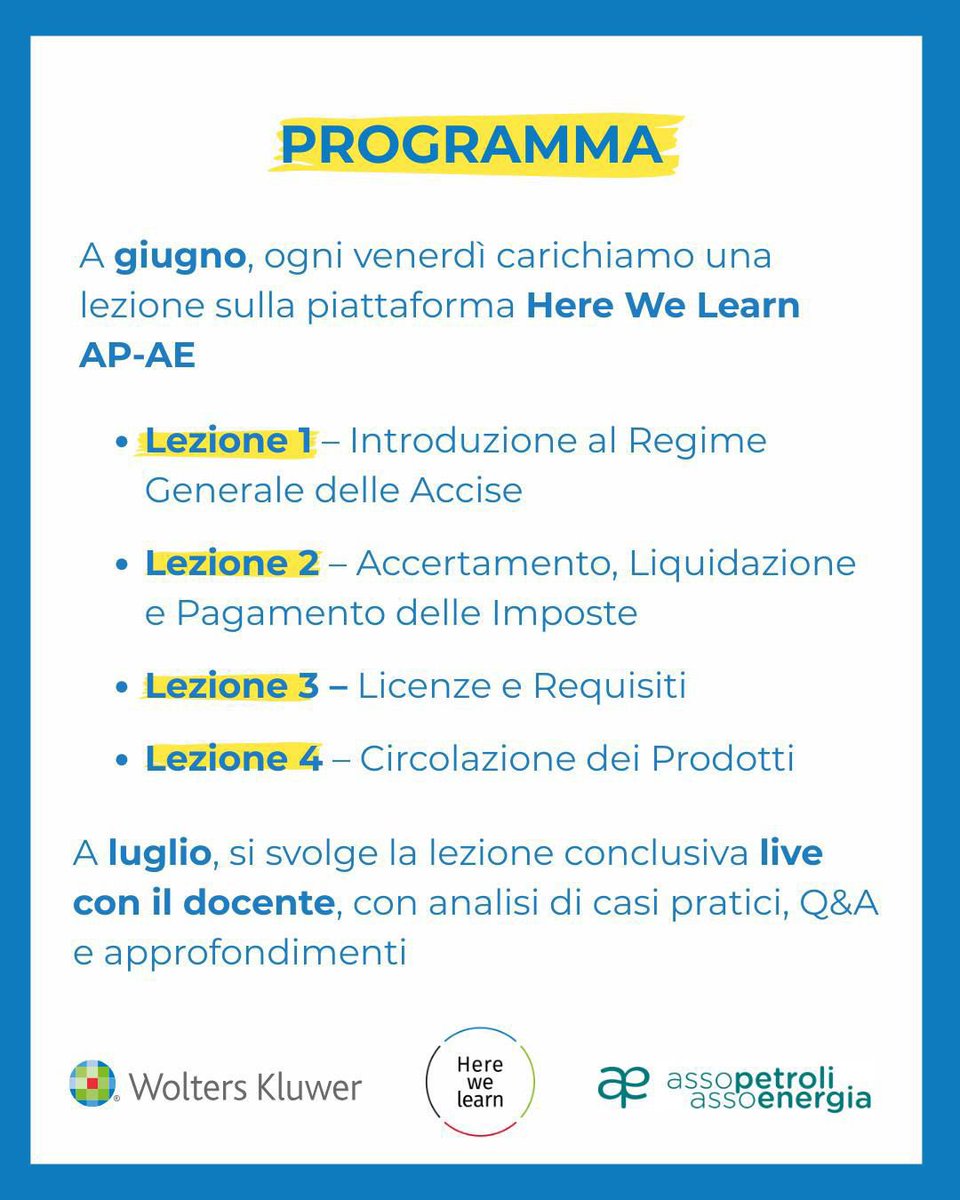 La prima lezione del nostro nuovo corso di formazione è online sulla piattaforma Here We Learn AP-AE

Le lezioni sono disponibili anche on-demand, per seguirlo quando puoi e quando vuoi

📎 Tutte le info qui: assopetroli.it/la-gestione-fi…