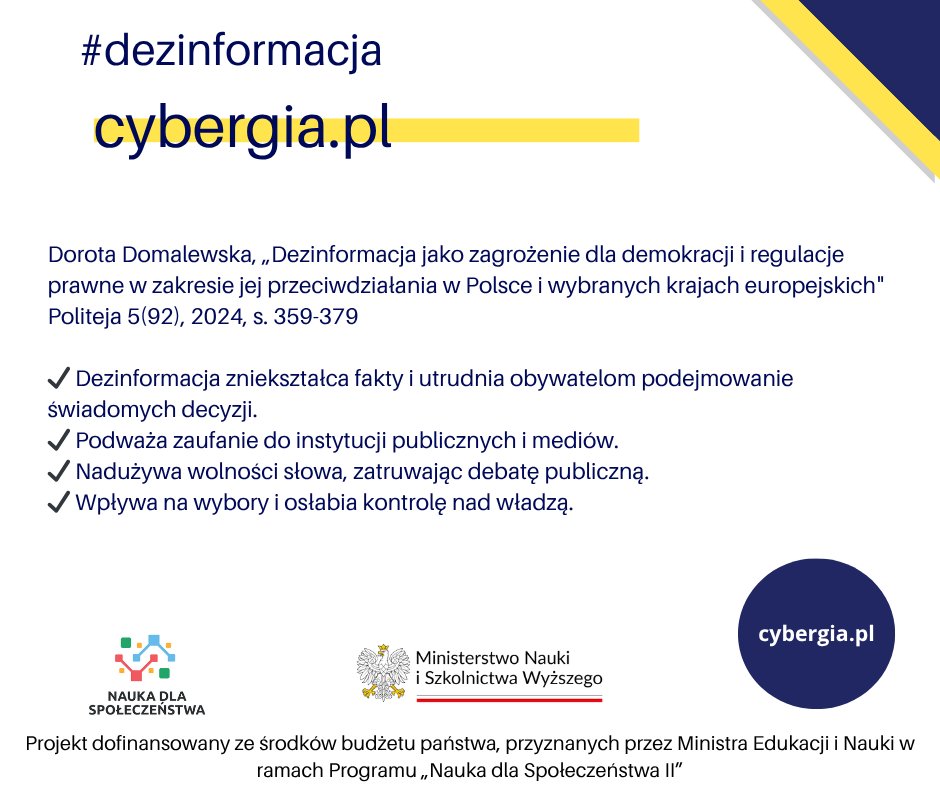 Jak #dezinformacja niszczy podstawy demokracji? zniekształca fakty, podważa zaufanie do instytucji, nadużywa wolności słowa, pogłębia nierówności informacyjne i osłabia mechanizmy demokratycznej kontroli.

więcej: journals.akademicka.pl/politeja/artic…

#demokracja  #fakeNews
<a href="/MNiSW_GOV__PL/">Ministerstwo Nauki i Szkolnictwa Wyższego</a>