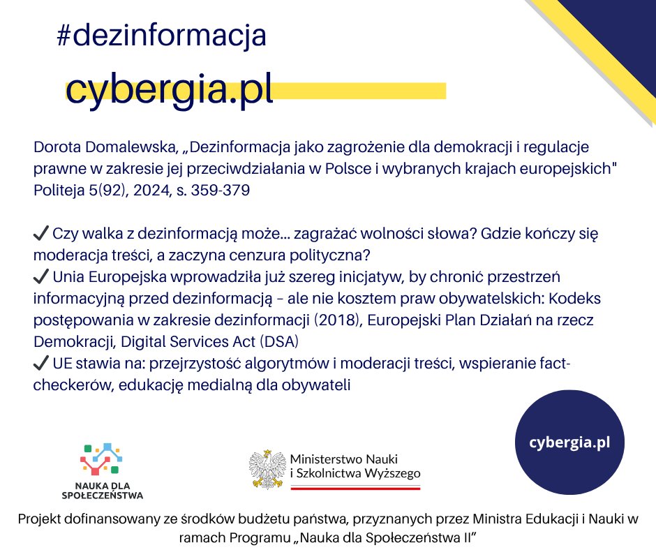 Demokracja wymaga dziś nie tylko wolności słowa, ale też odpowiedzialności za słowo. Gdzie kończy się moderacja treści, a zaczyna cenzura polityczna? więcej: journals.akademicka.pl/politeja/artic…  
#dezinformacja #DSA #factchecking #algorytmy  
<a href="/MNiSW_GOV__PL/">Ministerstwo Nauki i Szkolnictwa Wyższego</a>
