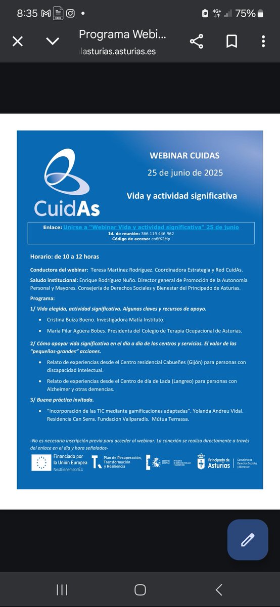 #CitaDestacada

🦋 Webinar #CuidAs <a href="/socialasturias_/">Consejería de Derechos Sociales y Bienestar</a> : Vida y actividad significativa

🗓 Día 25 de junio 
⏰️ De 10 a 12 horas

✍️ NO hace falta inscripción.  
🖥 Seguir en directo desde el link 

socialasturias.asturias.es/-/webinar-cuid…
#Cuidados #ACP #VidasConSentido