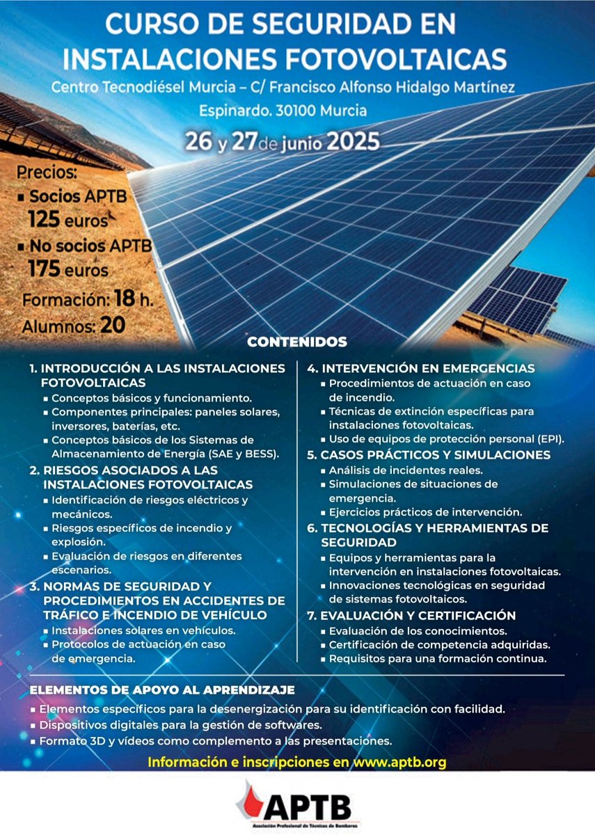 ATENTOS: sólo nos quedan 5 plazas para el curso de Seguridad en Instalaciones #Fotovoltaicas del 26 y 27 de junio en #Murcia. Si estás interesado, no te duermas que te quedas fuera. Y si eres o te haces socio de #APTB, te ahorras un dinero...
Inscríbete en aptb.org