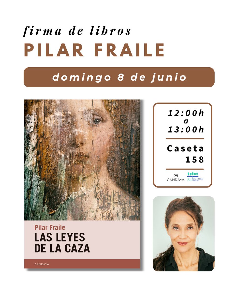 pilar fraile (@pilarfraile_) on Twitter photo Alegría de anunciaros que mañana estaré firmando ejemplares de mi nueva novela: "Las leyes de la caza" en la <a href="/FLMadrid/">Feria del Libro de Madrid</a>.
Mucha ilusión con el nuevo retoño!
Ojalá podáis pasaros!!
<a href="/EdCandaya/">Editorial Candaya</a>
<a href="/VicLit_agency/">VicLit</a> Alegría de anunciaros que mañana estaré firmando ejemplares de mi nueva novela: "Las leyes de la caza" en la <a href="/FLMadrid/">Feria del Libro de Madrid</a>.
Mucha ilusión con el nuevo retoño!
Ojalá podáis pasaros!!
<a href="/EdCandaya/">Editorial Candaya</a>
<a href="/VicLit_agency/">VicLit</a>
