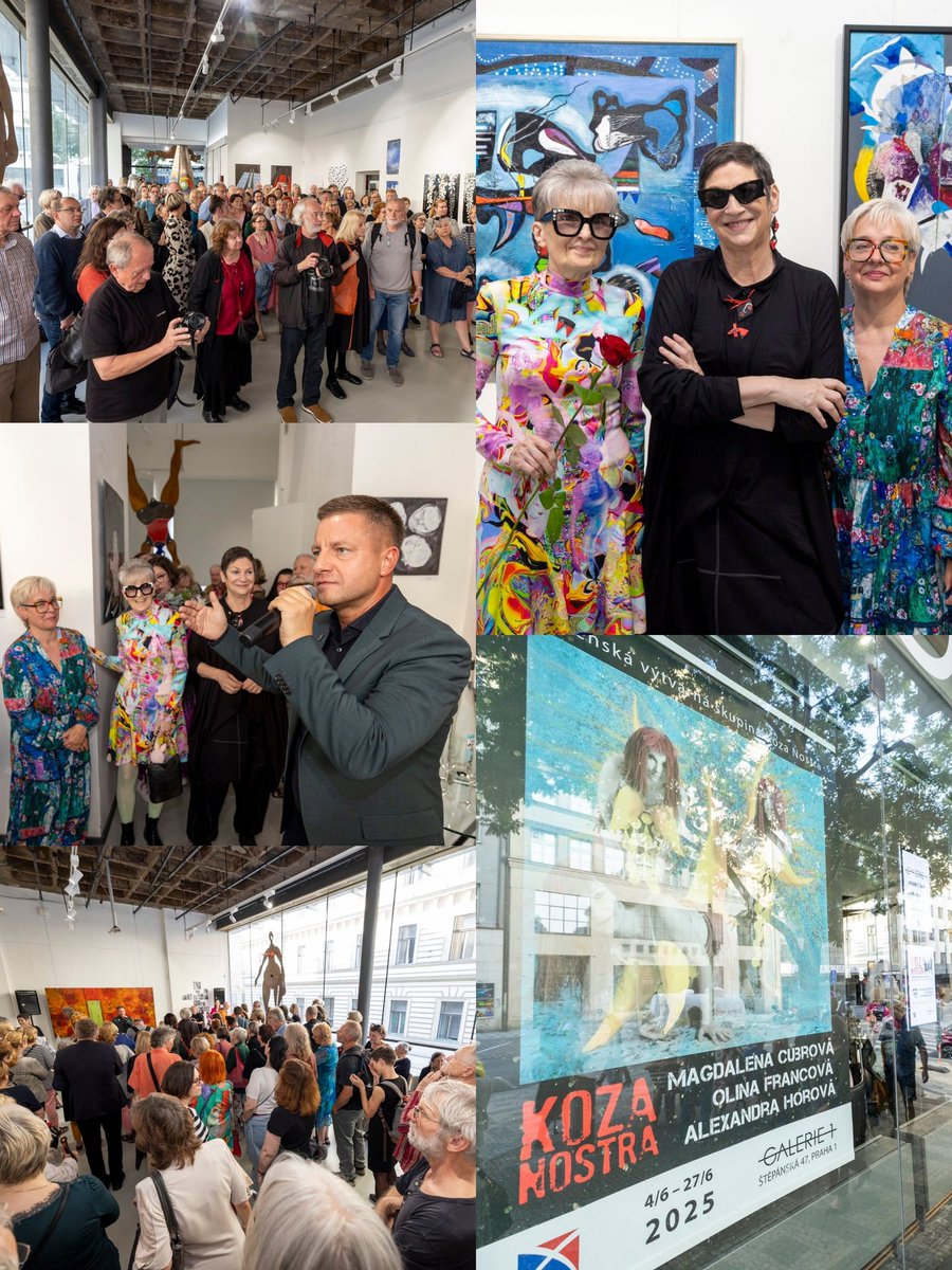 Crowd at the art exhibition opening of my mom <a href="/madlacubrova/">magdalenacubrova.eth</a> and her friends (together they are an art group Koza Nostra, Koza means GOAT or BOOB in Czech, it's paraphrasing the infamous mafia group's name Cosa Nostra). The exhibition is for a month and it is in the center of