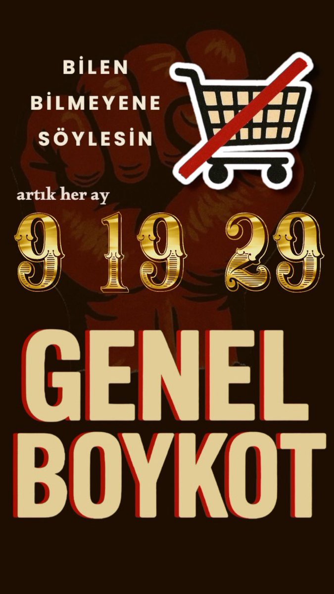 Bilen bilmeyene duyursun. Her ayın 9-19-29 tarihlerinde sıfır tüketim boykotu yapıyoruz! Hadi herkes haberi olmadığını düşündüğü arkadaşlarına duyursun, afişi paylaşsın.
